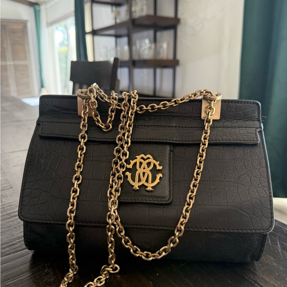 Black Crocodile Embossed Bag with Gold Chain